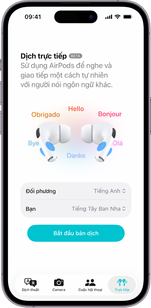 Ứng dụng Dịch thuật trên iPhone đang hiển thị màn hình Dịch trực tiếp. Màn hình hiển thị hai menu bật lên để chọn ngôn ngữ của người khác và ngôn ngữ của bạn, cùng một nút để bắt đầu Dịch trực tiếp.