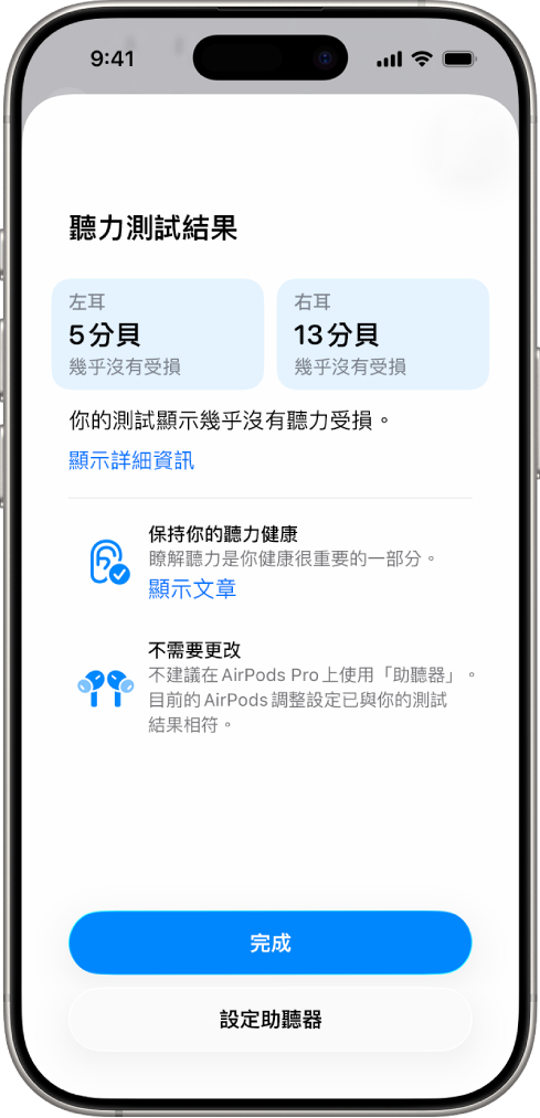 iPhone 上的「聽力測試」結果，顯示兩耳均為輕微到無聽力受損。底部是可點按「完成」或「設定助聽器」的選項。