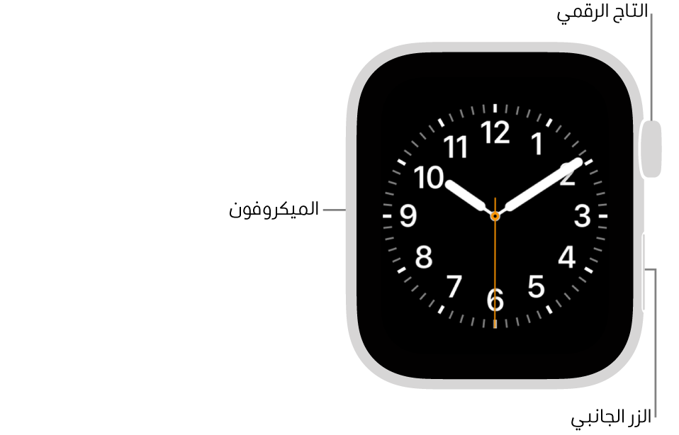 الجزء الأمامي من Apple Watch Series 6 وتظهر به شاشة العرض التي تعرض واجهة الساعة والتاج الرقمي والميكروفون والزر الجانبي من أعلى إلى أسفل على جانب الساعة.