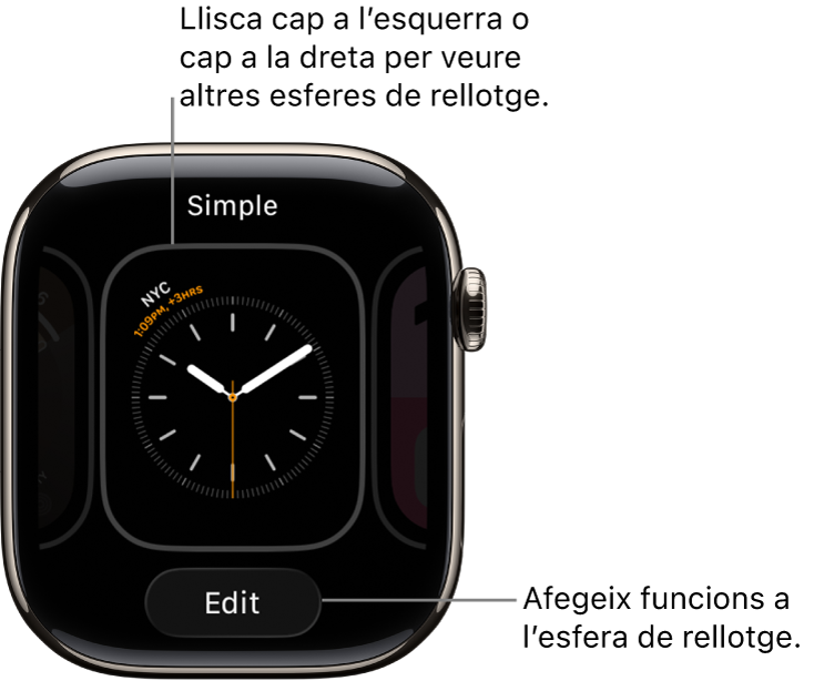 Una esfera de l’Apple Watch amb els botons de compartir i editar que apareixen després de mantenir premuda l’esfera del rellotge. El nom de l’esfera és a sobre. Fes lliscar el dit cap a l’esquerra o cap a la dreta per veure altres opcions de l’esfera. Toca una complicació per veure les funcions que vols.