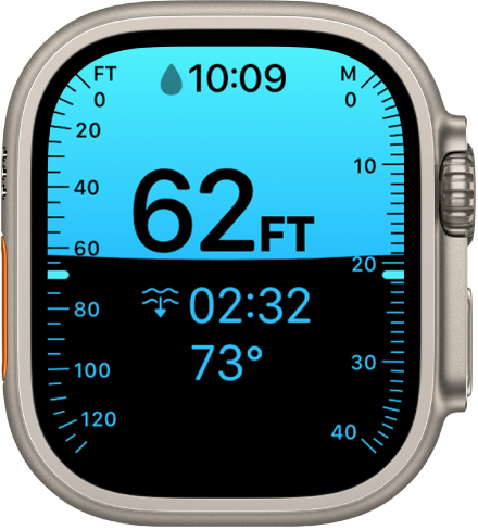 Obrazovka Hloubka na Apple Watch Ultra s údaji o aktuální hloubce, uplynulém času a teplotě vody.