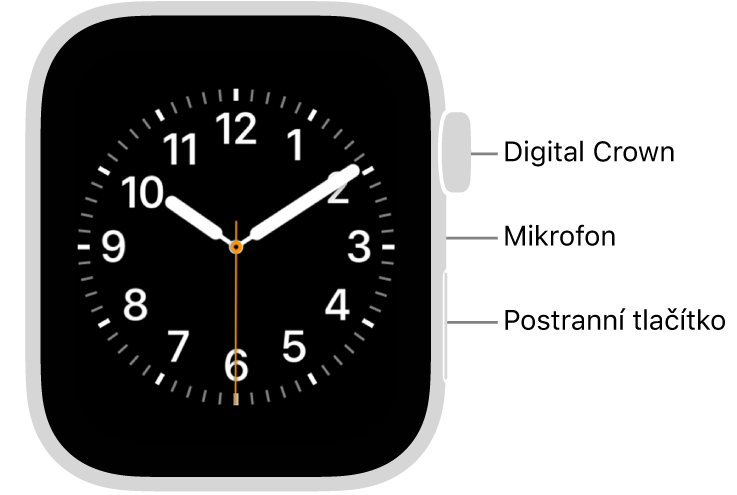 Přední strana Apple Watch SE 3. Na displeji je zobrazen ciferník a na boku hodinek se shora dolů nachází korunka Digital Crown, mikrofon a postranní tlačítko.