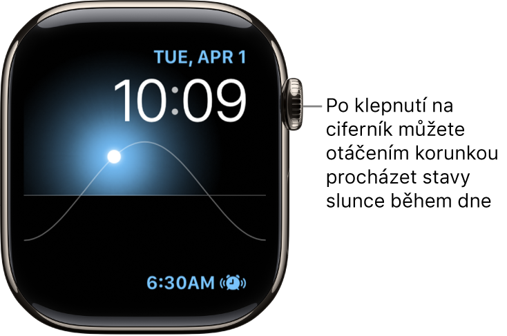 Na ciferníku Sluneční graf se zobrazuje den, datum a aktuální čas – tyto položky nelze změnit. Vpravo dole je vidět komplikace Minutka. Když na ciferník klepnete, můžete otáčením korunkou Digital Crown přesouvat slunce po obloze mezi soumrakem, svítáním, zenitem, západem a tmou.