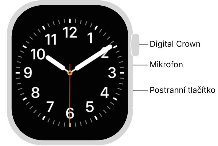 Přední strana Apple Watch Series 11. Na displeji je zobrazen ciferník a na boku hodinek se shora dolů nachází korunka Digital Crown, mikrofon a postranní tlačítko.