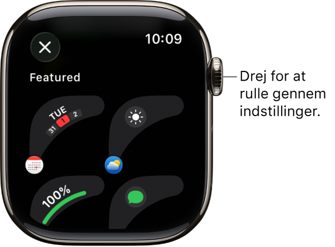 Tilpasningsskærmen til en urskive, der viser udvalgte komplikationer. Drej på Digital Crown for at gennemse komplikationer.
