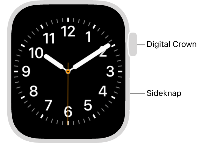 Forsiden af Apple Watch med Digital Crown øverst på urets højre side og sideknappen nederst til højre.