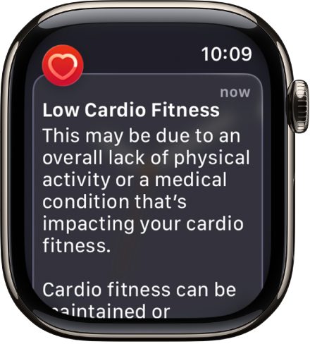 Eine Warnung der App „Herzfrequenz“ über eine niedrige Cardiofitness.