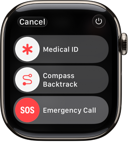 Auf dem Apple Watch-Bildschirm werden die Regler für „Notfallpass“, „Kompass-Backtrack“ und „Notruf“ angezeigt. Oben rechts befindet sich die Taste „Ein/Aus“.