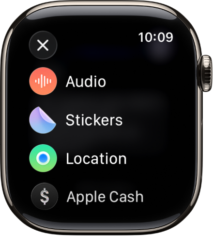 Die Anzeige „Nachrichten“ mit den Anhangsoptionen, wie Audio, Sticker, Standort und Bilder.