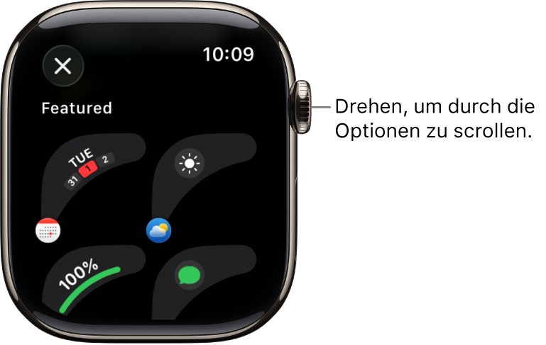 Die Anzeige zum Anpassen eines Zifferblatts mit empfohlenen Komplikationen. Drehe die Digital Crown, um dir die Komplikationen anzusehen.