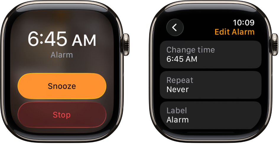 Zwei Apple Watch-Bildschirme: Einer zeigt ein Zifferblatt mit den Tasten „Schlummern“ und „Stopp“, der andere zeigt Einstellungen für „Wecker bearbeiten“ und darunter die Tasten „Uhrzeit ändern“, „Wiederholen“ und „Etikett“. Der Schalter „Schlummern“ befindet sich unten.