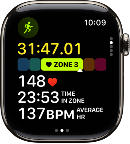 Ein aktives Lauftraining zeigt die verstrichene Trainingszeit, deine aktuelle Zone, die Herzfrequenz, die Zeit in der Zone und die durchschnittliche Herzfrequenz.