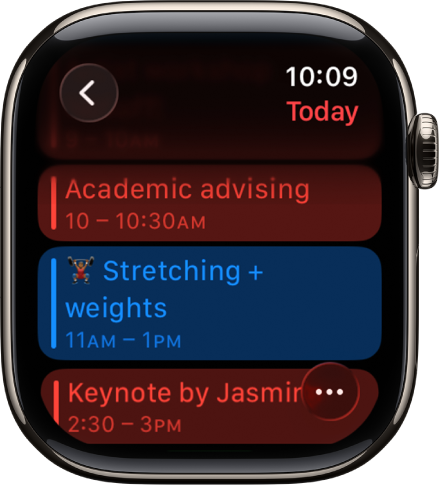 App „Kalender“ mit der Ereignisliste für den Tag. Die Farbe eines Ereignisses gibt den Kalender an, zu dem es gehört.