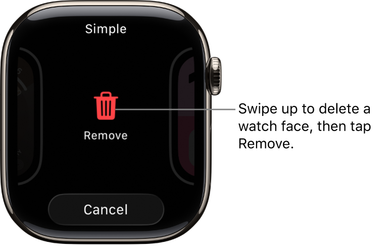 The Apple Watch screen showing Remove and Cancel buttons, which appear after you swipe to a watch face, then swipe up on it to delete it.