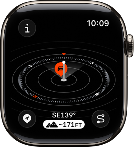 The Compass app showing the Elevation view. A waypoint is on a tilted dial. A white post indicates the current elevation, which is taller than the other waypoints on the dial. The Info button is at the top left, the Waypoints button is at the bottom left, the Elevation button is at the middle bottom, and the Backtrack button is at the bottom right.