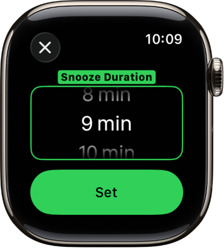 A watch screen showing options to set the Snooze Duration in the Alarms app.