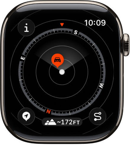 The Compass app showing a waypoint within a dial. The Info button is at the top left, the Waypoints button is at the bottom left, the Elevation button is at the middle bottom, and the Backtrack button is at the bottom right.