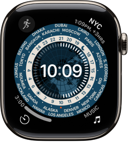 The World Time watch face showing an analog clock. In the middle is a map of the globe, showing day and night. Numbers and city names appear around the dial, indicating the time in each location. There are complications in each corner: Music at the top left, Translate at the top right, Timer at the bottom left, and the date at the bottom right.