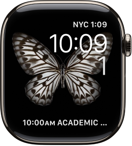 The Motion watch face showing a jellyfish. You can choose which object is in motion and add several complications. A Timer complication is at the top right, the time and date are below, and a Stopwatch complication is at the bottom.