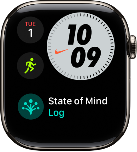 The Nike Compact watch face showing the day and date at the top left, the time at the top right, the Workout complication at the middle left, and the Timers complication.