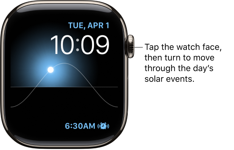 The Solar Graph watch face displays the day, date, and current time, which can’t be modified. A Timer complication appears at the bottom right. Tap the watch face, then turn the Digital Crown to move the sun in the sky to dusk, dawn, zenith, sunset, and darkness.