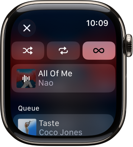 The tracklist window showing Shuffle, Repeat, and Auto Play buttons at the top, and one track directly below. Near the bottom, another track appears below Playing Next. A Close button is at the top left.