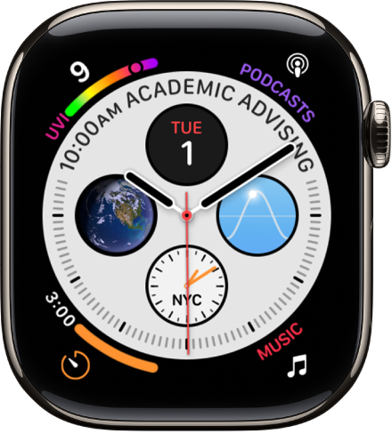 The Infograph watch face showing complications in each corner and four subdials in the middle.