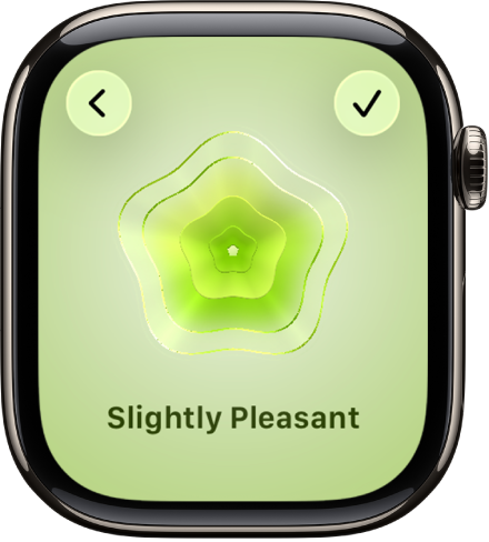 The Mindfulness app screen showing the State of Mind screen with a visual in the center. An emotion is listed below.