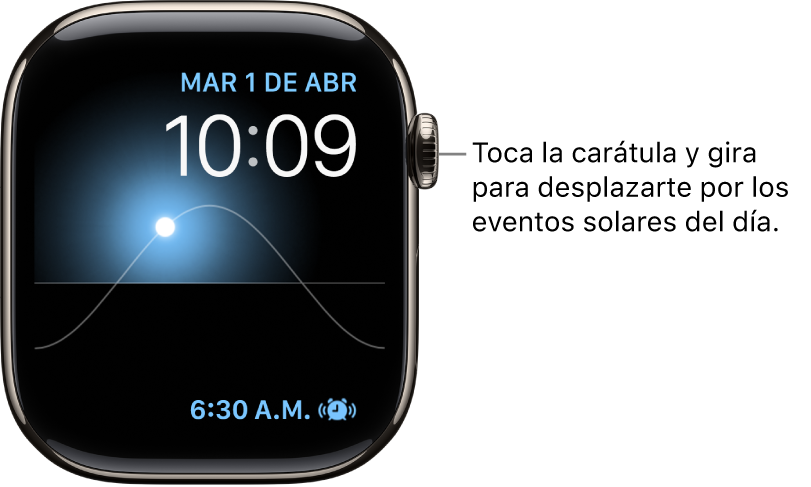 La carátula Gráfica solar, que muestra el día, la fecha y la hora actuales (y que no puedes modificar). Aparece la complicación Temporizador en la parte inferior derecha. Toca la carátula y gira la Digital Crown para mover el sol en el cielo a las posiciones de anochecer, amanecer, cenit, atardecer u oscuridad.