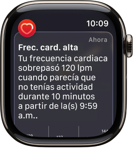 Alerta de Frecuencia Cardiaca indicando una frecuencia elevada.