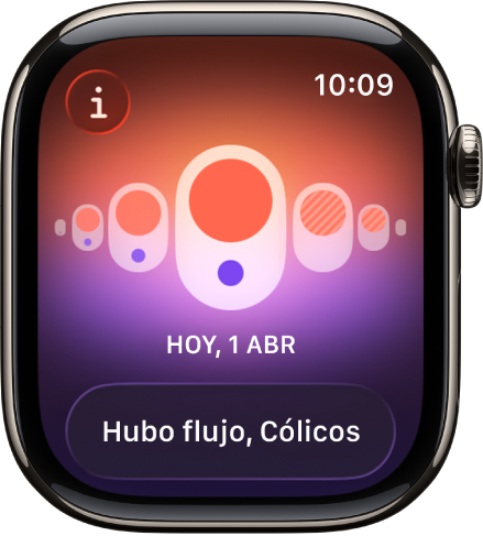 Pantalla de la app Control del Ciclo mostrando un periodo registrado con síntomas en la parte inferior de la pantalla.