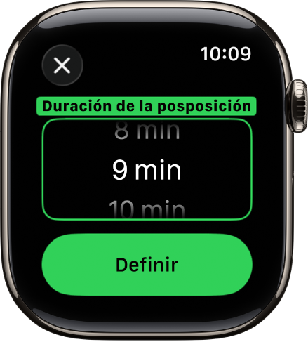 Una pantalla de reloj mostrando las opciones para establecer la duración de la posposición en la app Alarmas.