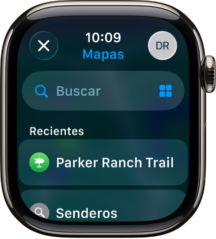 La pantalla Buscar en la app Mapas, con el campo de búsqueda en la parte superior. En la parte inferior aparece una lista de búsquedas recientes.