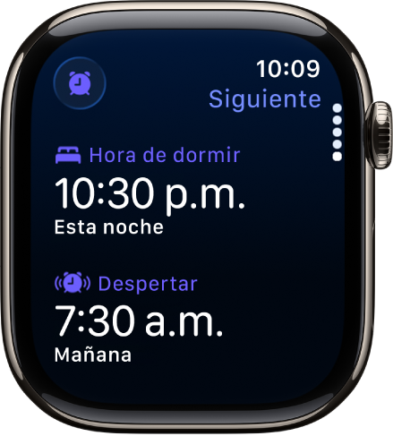 La app Sueño en el Apple Watch mostrando el horario de sueño de la noche. La hora de dormir se muestra en la parte superior, y la hora de despertar está debajo de ella.