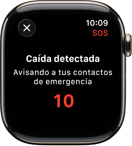 Una pantalla mostrando “Caída detectada” y una cuenta regresiva para notificar a los contactos de emergencia.