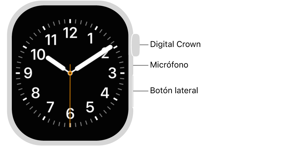 En el frente del Apple Watch Series 11 se muestra la pantalla con la carátula y, en orden descendente en un lado del reloj, se ven la Digital Crown, el micrófono y el botón lateral.