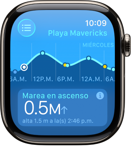 Una pantalla de la app Mareas mostrando información de una ubicación.