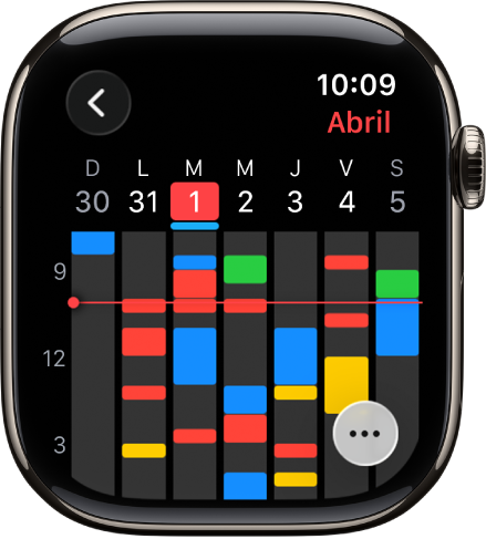La app Calendario mostrando eventos de la semana. Cada evento tiene un indicador de color que coincide con el calendario al que pertenece. El nombre del mes está en la esquina superior derecha; los días y las fechas están a lo largo de la parte superior. Todos los eventos del día están marcados con una barra debajo de la fecha de cada día. Hay una línea a lo largo de la semana que indica la hora actual. El botón Más está en la esquina inferior derecha.