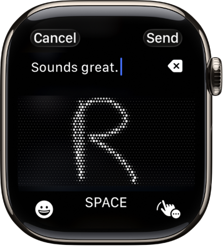 La pantalla de campo de texto con una carta escrita con “Escribir a mano”. Los botones Emoji y “Escribir a mano” están en la parte inferior de la pantalla.