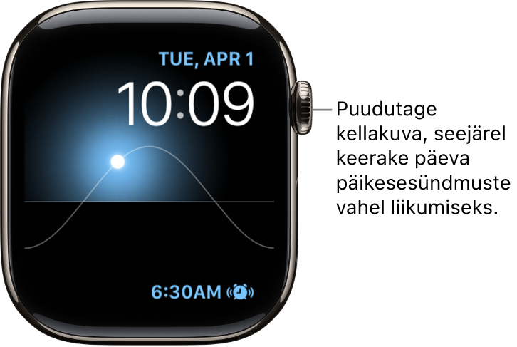 Kellakuva Solar Graph, mis kuvab päeva, kuupäeva ja praegust kellaaega, mida ei saa muuta. All paremal on komplikatsioon Timer. Puudutage kellakuva, keerake Digital Crowni, et liigutada taevas olev päike videvikku, koidikusse, seniiti, päikeseloojangusse või pimedusse.
