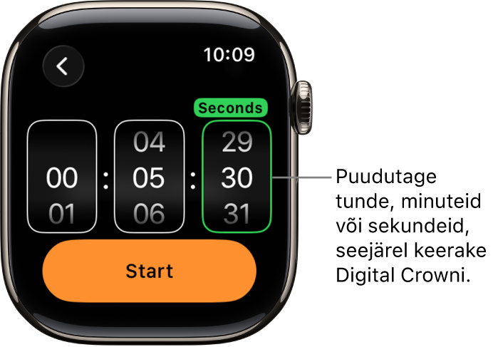 Seaded kohandatud taimeri loomiseks, tunnid vasakul, minutid keskel ning sekundid paremal. All on Start-nupp.