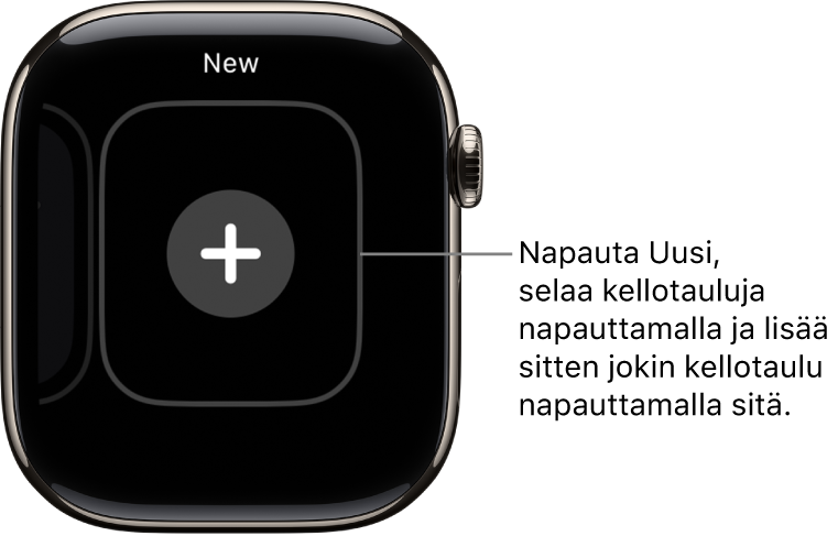 Uusi kellotaulunäyttö, jonka keskellä on plus-painike. Lisää uusi kellotaulu napauttamalla.