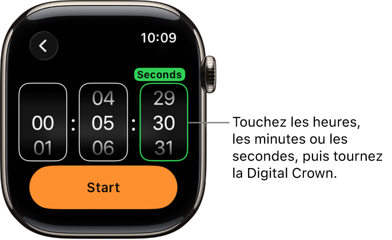 Réglages d’un minuteur personnalisé, avec les heures à gauche, les minutes au milieu et les secondes à droite. Le bouton Démarrer se trouve en dessous.