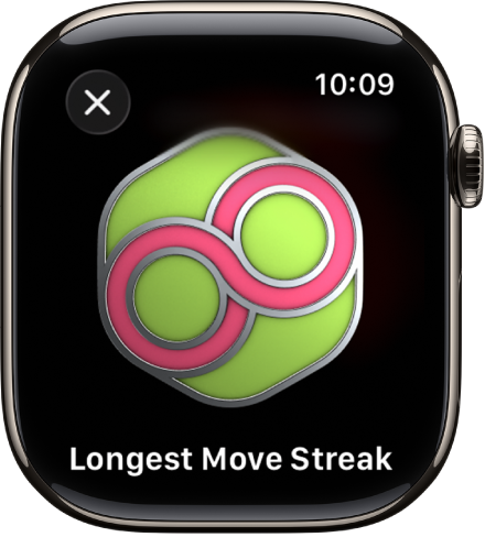 Un trophée qui s’affiche sur l’Apple Watch. Une description du trophée se trouve sous ce dernier. Vous pouvez faire pivoter la récompense.