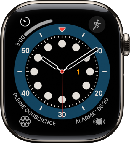 Le cadran Chronométrie. Il affiche quatre complications : Exercice en haut à gauche, Messages en haut à droite, Pleine conscience en bas à gauche et Musique en bas à droite.