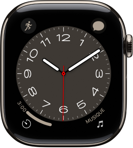 Le cadran Mégalopole. Il est possible de faire tourner la Digital Crown pour modifier l’apparence des chiffres. Le cadran affiche quatre complications : Exercice en haut à gauche, Musique en haut à droite, Minuteur en bas à gauche et la date en bas à droite.