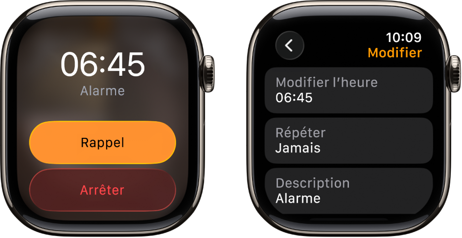 Deux écrans de la montre : le premier montre un cadran avec les boutons Rappel et Arrêter, tandis que le deuxième montre les réglages Modifier avec les boutons « Modifier l’heure », Répéter et Description. Un bouton Rappel se trouve en bas.