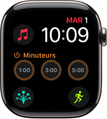 Cadran Modulaire avec l’heure et la date en haut à droite, ainsi que six complications : Terre en haut à gauche, Minuteurs au milieu, et Exercice, Boussole et État d’esprit en bas.