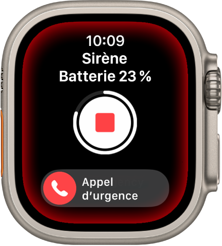 Compte à rebours de l’alarme. En haut figure la charge de la batterie, au milieu, un bouton Lecture et en bas, le curseur « Appel d’urgence ».