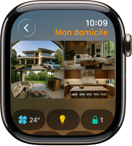 Écran de l’app Maison affichant quatre vues de caméra. En bas, se trouvent les boutons pour la climatisation, les accessoires lumineux et les serrures.